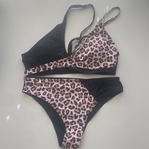 Shein medium leopard and black one shoulder 2 piece bikini.